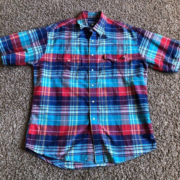 Wrangler Shirt Adult Medium Red Blue Plaid Western Snap Button Up Casual Mens - Picture 1 of 11